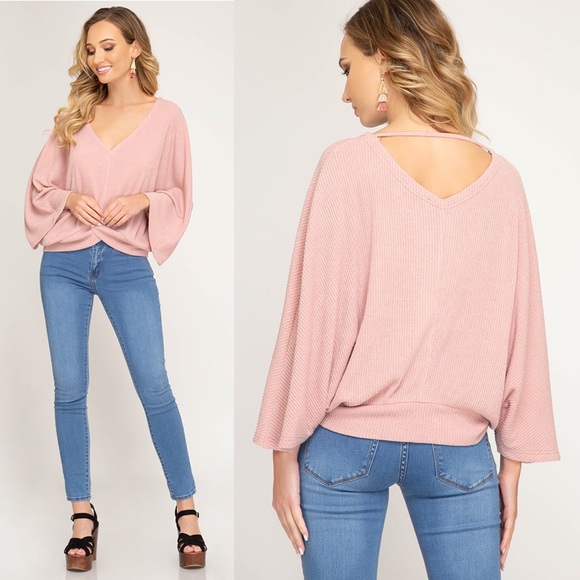 She and Sky Sweaters - Batwing V-Neck Sweater Top in Rose